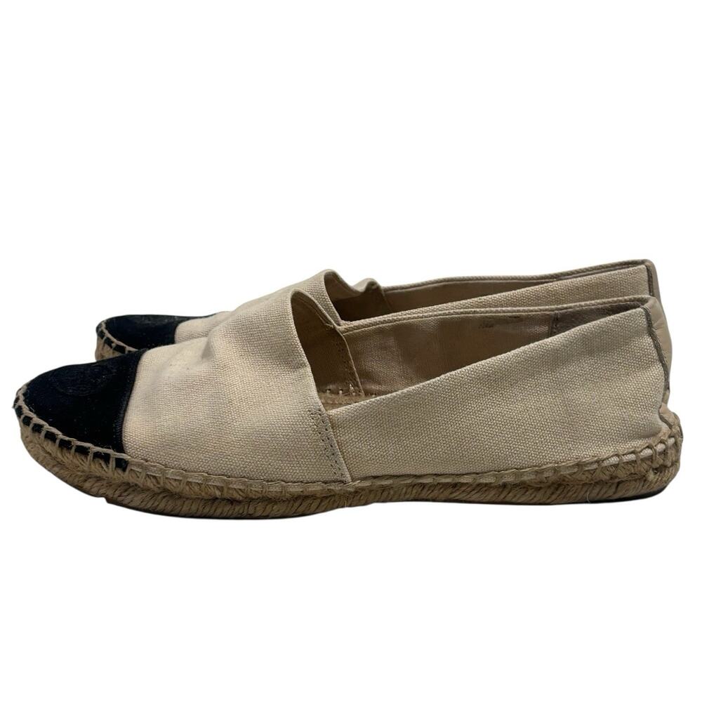 Tory Burch Colorblock Espadrille Flats Size 8 Black And Ivory Slip On Canvas